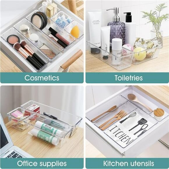 Clear Plastic Drawer Organizer Set Storage Bins Makeup Office Bathroom - Picture 6 of 7